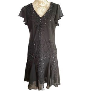 Vtg R&M Richards black cocktail midi dress beaded v-neck lined Size 14 Petites